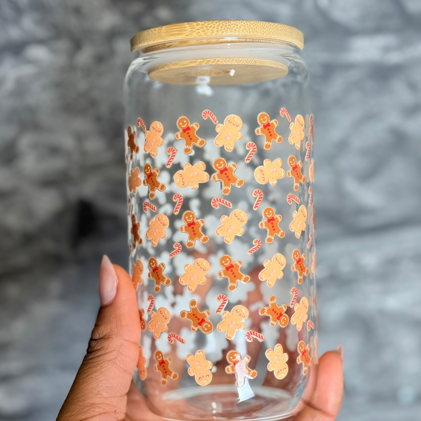 Christmas glass tumbler 16oz - gingerbread man and candy cane