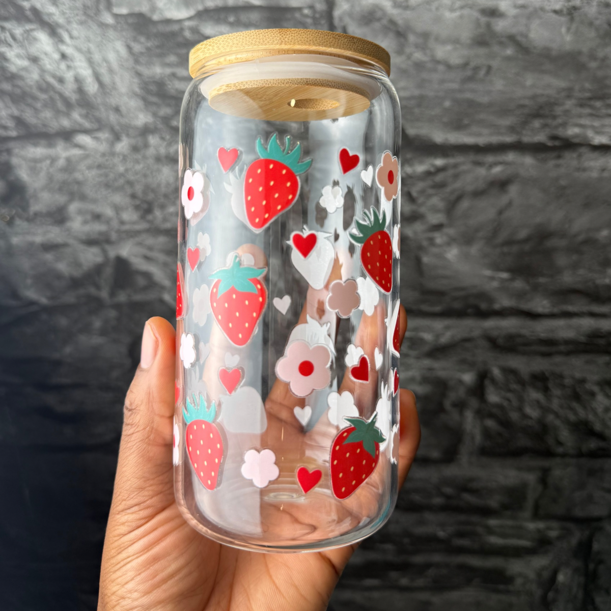 Strawberry and flower 16oz. Glass cup