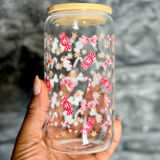 Christmas glass tumbler 16oz - Candy cane, sweet and bow